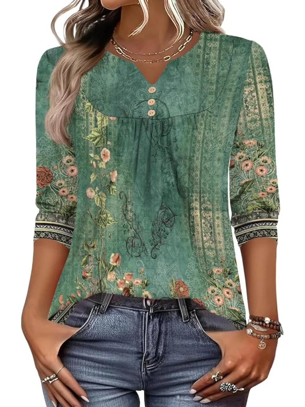 Women's Green Floral Long Sleeve V Neck Casual Henley Blouses Tops T Shirt